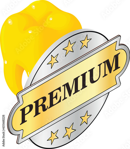 Dental medicine icon isometric vector. Yellow human tooth model and premium sign. Dentistry, stomatology, healthcare concept