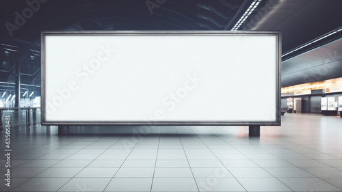 Blank white large billboard for product advertising and promotion mock up graphic resource, at subway train station or airport in city