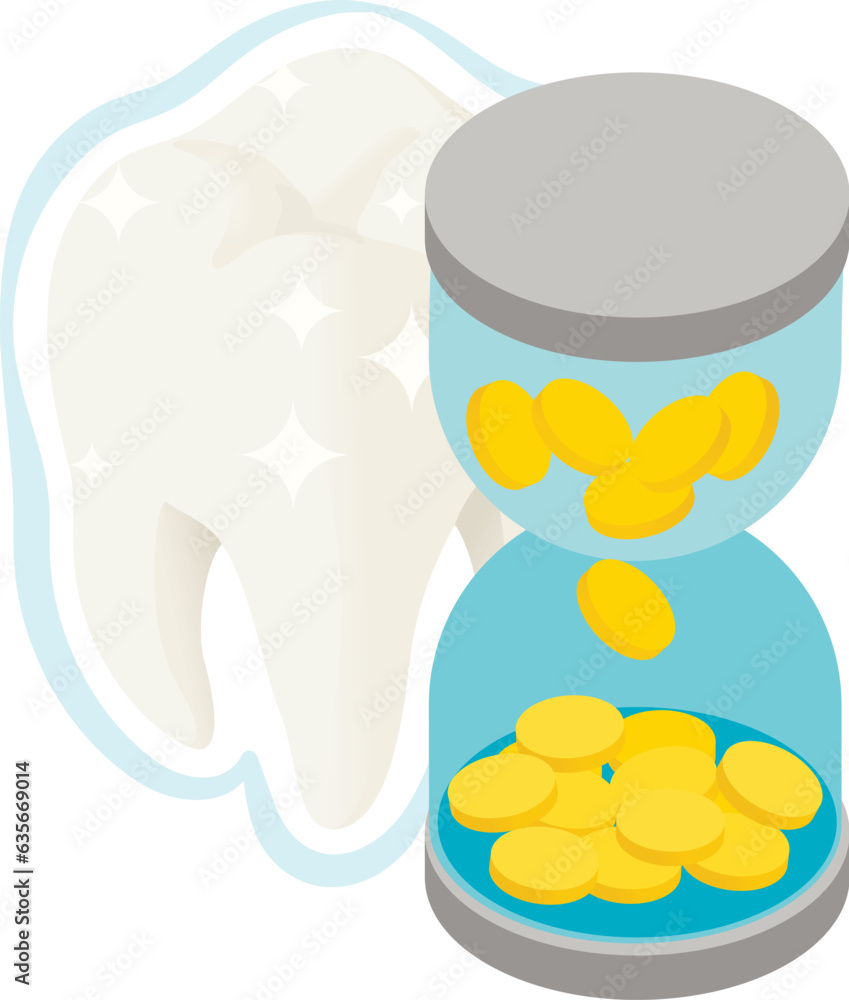 Prevention concept icon isometric vector. Human tooth and hourglass with coin. Tooth treatment, stomatology, healthcare