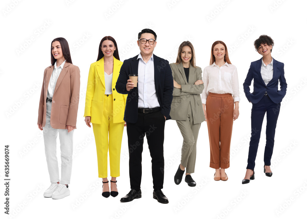 Collage with photos of different businesspeople on white background Collage with photos of different businesspeople on white background