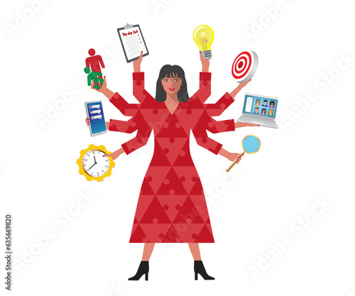 Multitasking woman. Shiva girl with eight arms trying to do everything. Isolated. Vector illustration.
