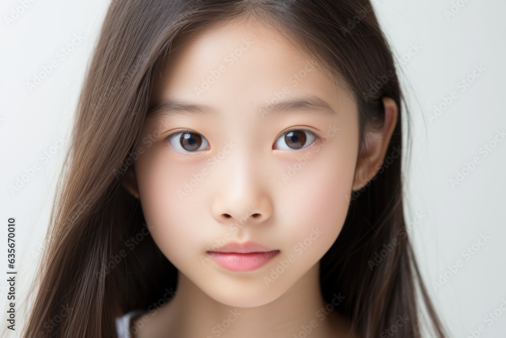 a closeup photo portrait of a beautiful young asian chinese model teen girl looking forward. child ad with copyspace. isolated on white background. Generative AI a closeup photo portrait of a beautiful young asian chinese model teen girl looking forward. child ad with copyspace. isolated on white background. Generative AI