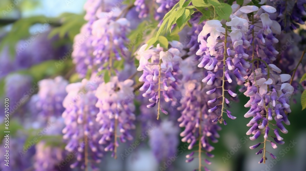 Obraz premium Wisteria flowers on lilac background with copy space Generative AI.