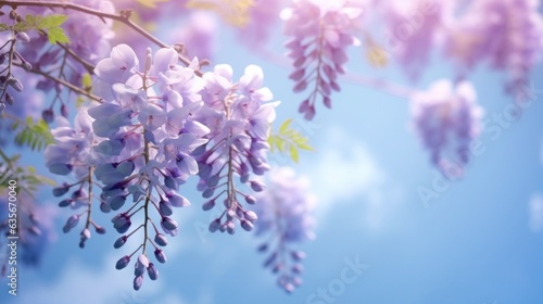 Wisteria flowers on blue background with copy space Generative AI.