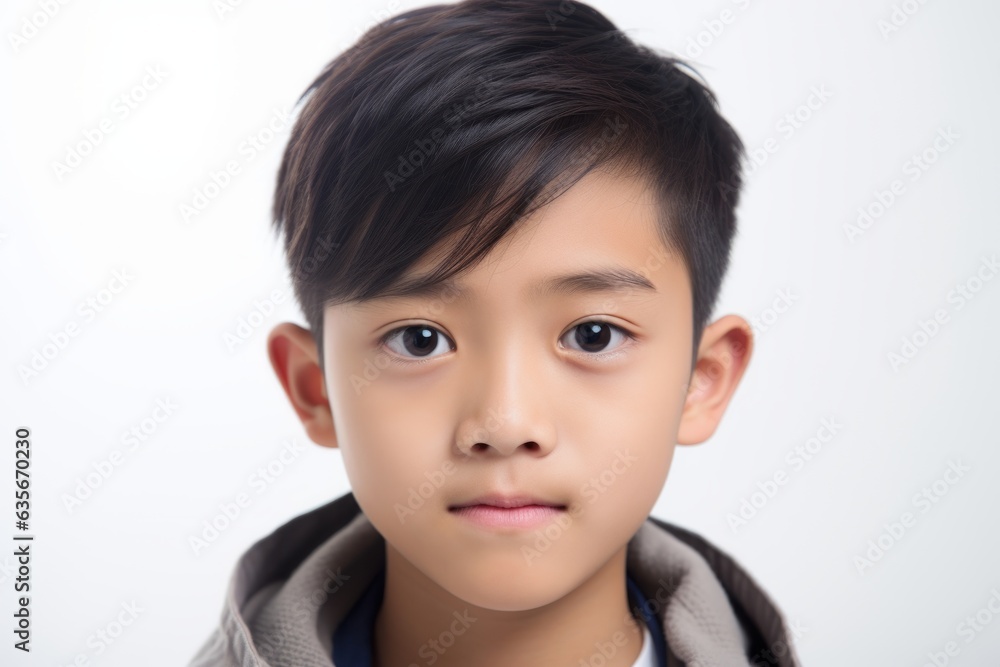 a closeup photo portrait of a beautiful young asian chinese model teen boy looking forward. child ad with copyspace. isolated on white background. Generative AI a closeup photo portrait of a beautiful young asian chinese model teen boy looking forward. child ad with copyspace. isolated on white background. Generative AI