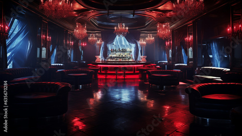 Luxury night club with dancefloor and lounge space, colorful neon spot light