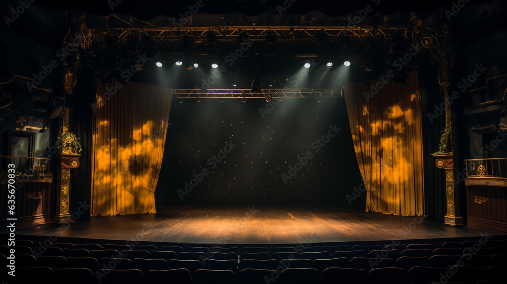 Theatre or stand up comedy stage with spotlights, podium and red curtain - obrazy, fototapety, plakaty 