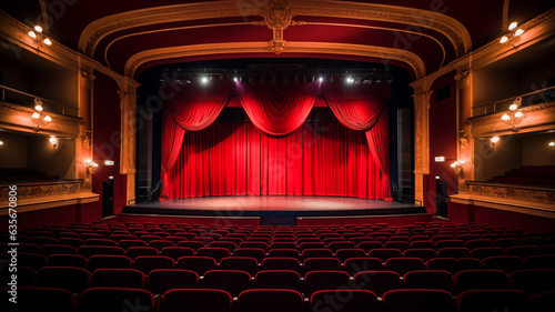 Theatre or stand up comedy stage with spotlights, podium and red curtain