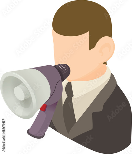 Diplomat speech icon isometric vector. Male diplomat character with loudspeaker. Public speaking, announcement