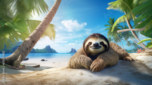 Cute sloth chilling on tropical island during summer  photo