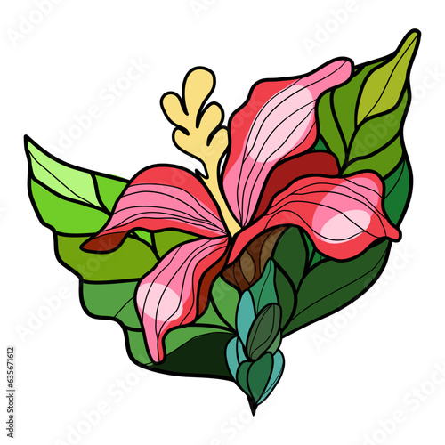 Lily flower and leaves. Vector illustration in stained glass window technique 