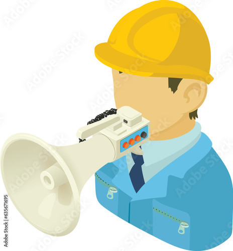 Contractor speech icon isometric vector. Contractor character with loudspeaker. Public speaking, announcement