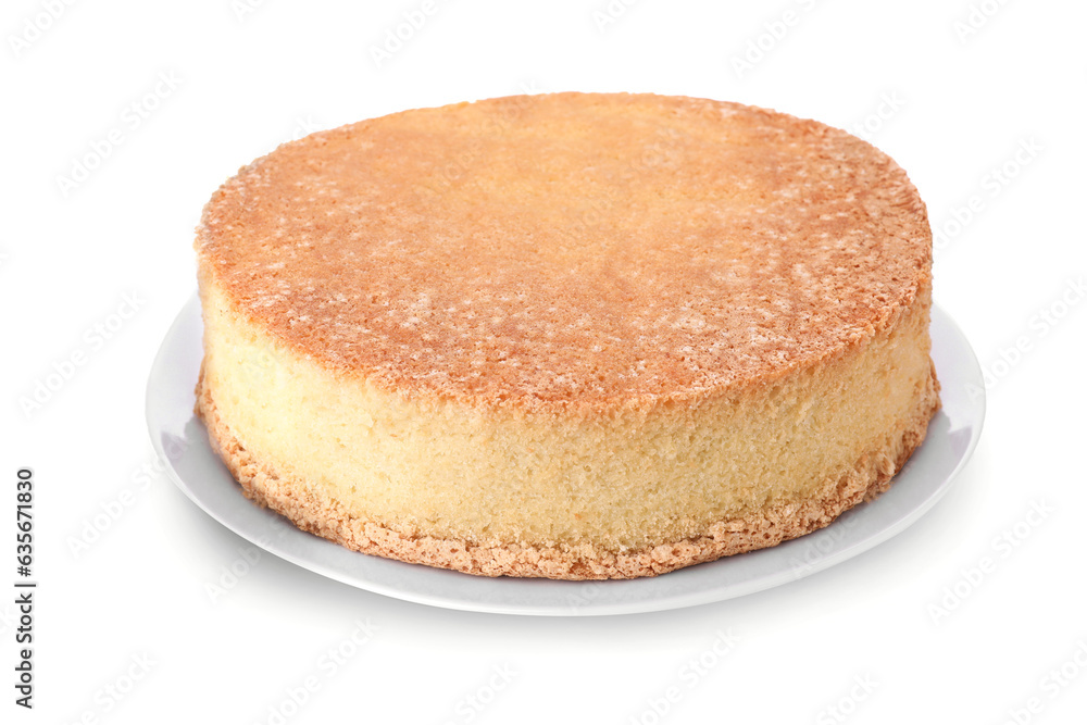 Plate with delicious sponge cake isolated on white