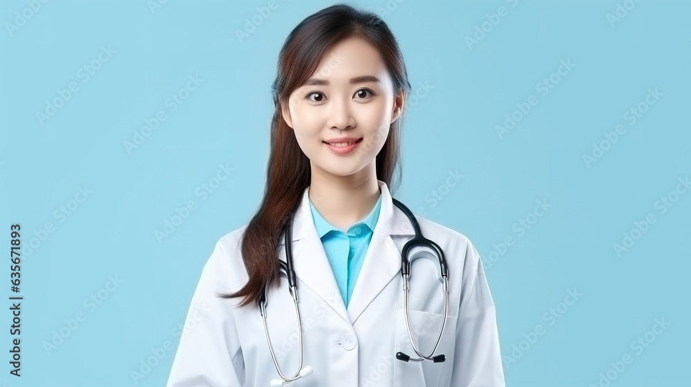 portrait of a female doctor holding a stethoscope on blue background. generative ai portrait of a female doctor holding a stethoscope on blue background. generative ai
