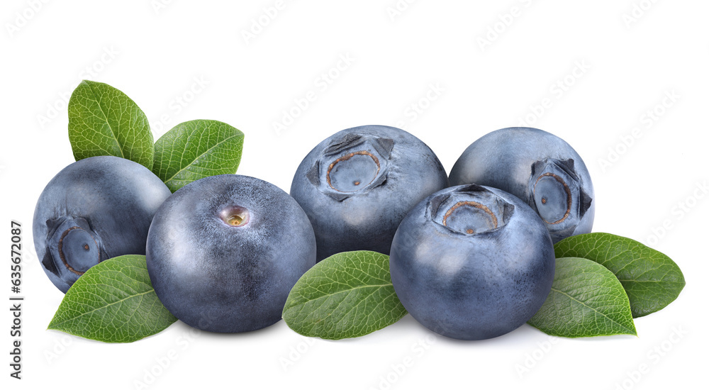 Fresh ripe blueberries with green leaves isolated on white Fresh ripe blueberries with green leaves isolated on white
