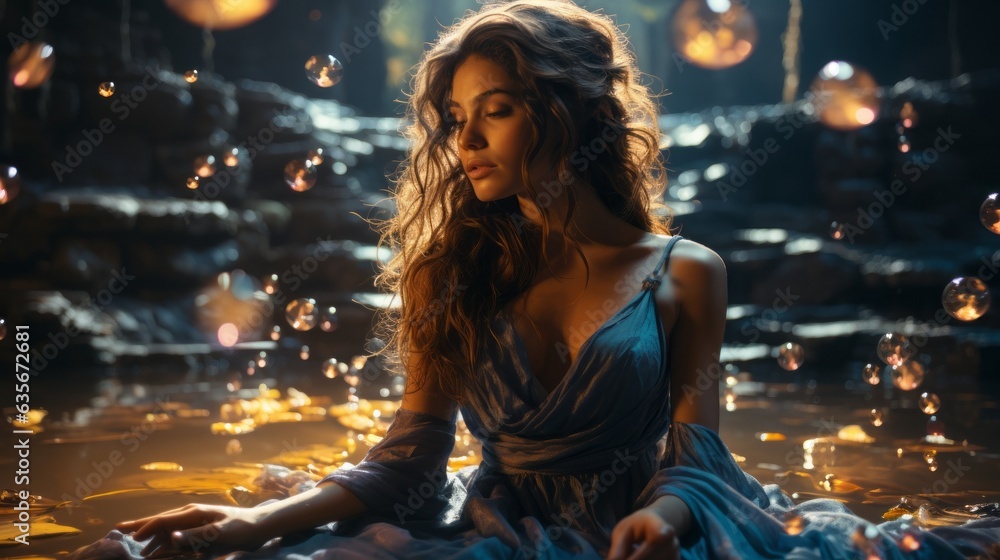 A beautiful woman connecting to the inner divine healing energy. Generative AI. A beautiful woman connecting to the inner divine healing energy. Generative AI.