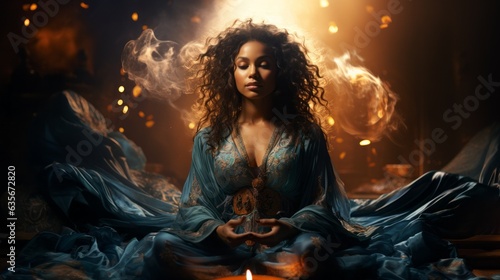 Canvas-taulu A beautiful woman connecting to the inner divine healing energy