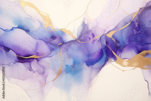 Liquid Golden Purple Texture. Flowing Splashes, Fluidity Design, Abstract Watercolor Patterns, Violet and Blue Colors, Waves, Painting Background. Generative AI. © overlays-textures
