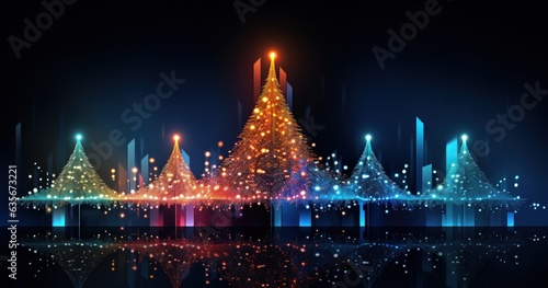 Landscape with Christmas tree decorated with colored lights, concept of holidays and festivities. Generative AI