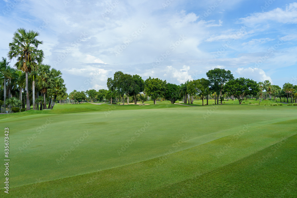 View of Golf Course with putting green,Golf course with a rich green turf and beautiful scenery View of Golf Course with putting green,Golf course with a rich green turf and beautiful scenery