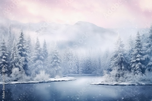 Landscape with snowfall, forest and river, winter landscape at the North Pole. Generative AI