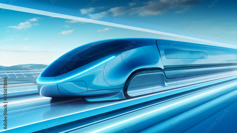 Futuristic train or hyperloop autonomous vehicle, high speed with neon colors