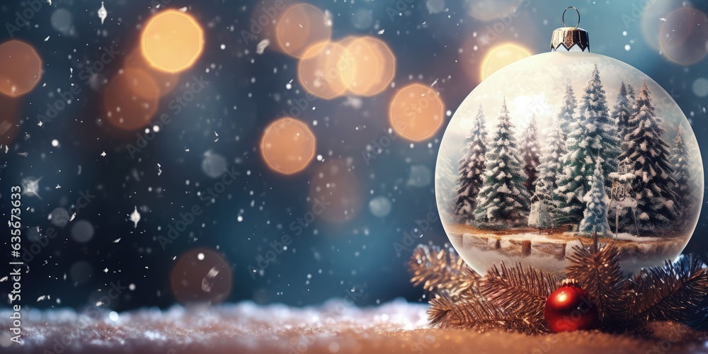 Christmas ball and snow, pine forest in the background, concept of holidays and festivities, bokeh background. Generative AI Christmas ball and snow, pine forest in the background, concept of holidays and festivities, bokeh background. Generative AI