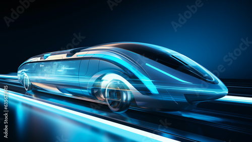 Futuristic train or hyperloop autonomous vehicle  high speed with neon colors