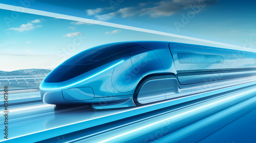 Futuristic train or hyperloop autonomous vehicle, high speed with neon colors