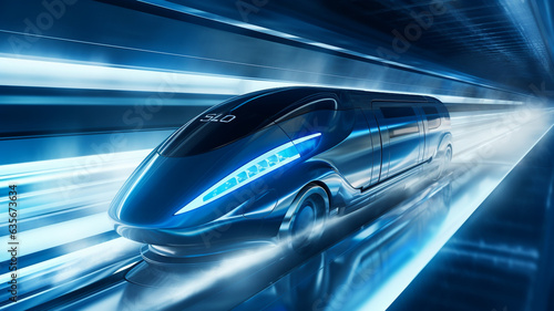 Futuristic train or hyperloop autonomous vehicle, high speed with neon colors © Artofinnovation