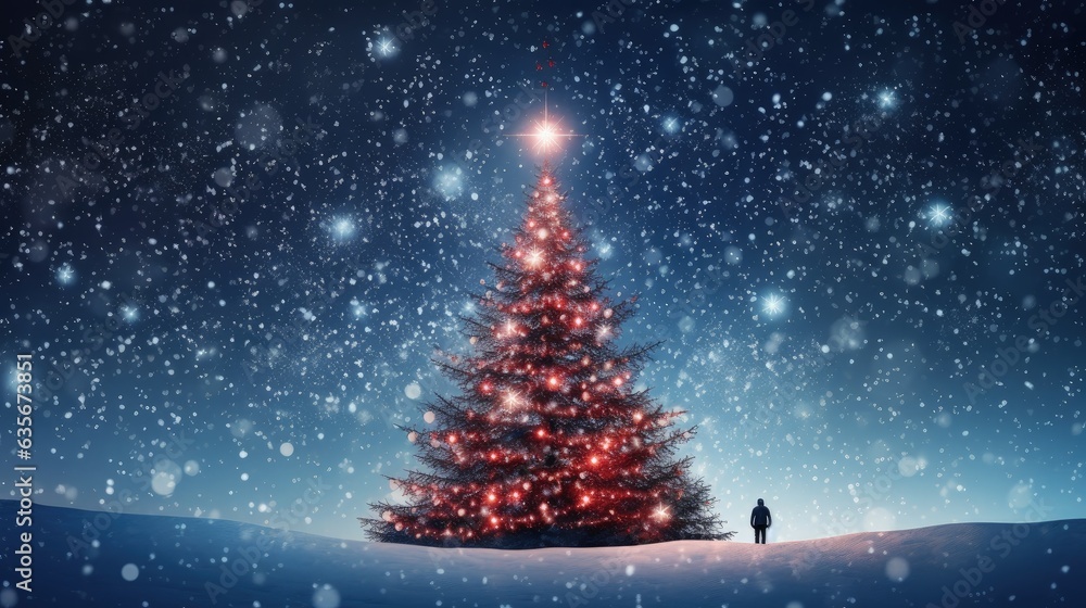 Landscape with Christmas tree in the snow, concept of holidays and festivities. Generative AI