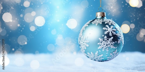 Christmas ball with snowflakes, concept of holidays and festivities, bokeh background. Generative AI