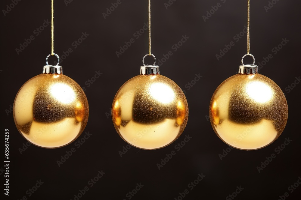 Golden balls for christmas decoration, holiday and festivities concept, black background. Generative AI Golden balls for christmas decoration, holiday and festivities concept, black background. Generative AI