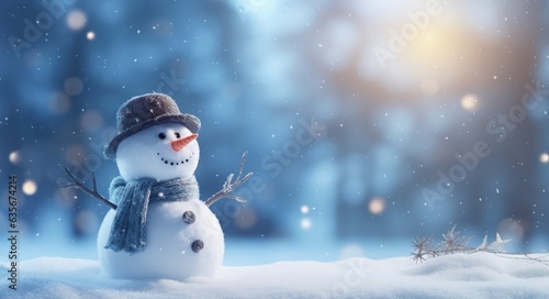 Landscape with snowman, falling snowflakes, holidays and christmas concept, bokeh background. Generative AI © Deivison