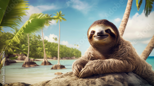 Cute funny sloth animal chilling on beach in summer on tropical island