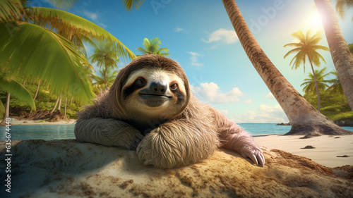 Cute funny sloth animal chilling on beach in summer on tropical island