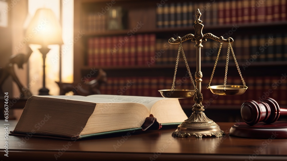Justice Scales and Gavel: A golden scale of justice sits majestically alongside a judge's gavel and open law book, all set against a backdrop of a dimly lit law library. Justice Scales and Gavel: A golden scale of justice sits majestically alongside a judge's gavel and open law book, all set against a backdrop of a dimly lit law library.