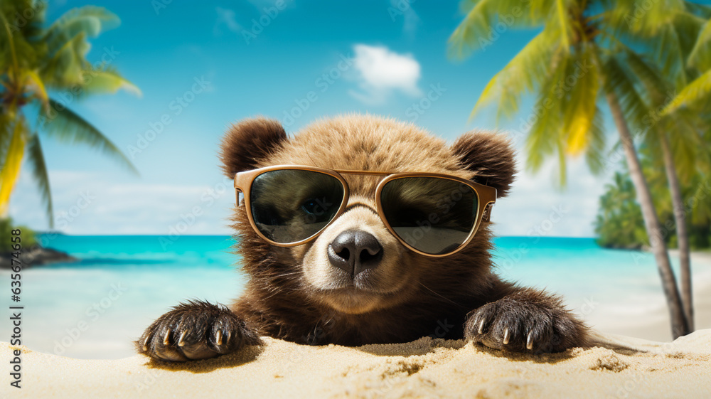Obraz premium Cute bear with sunglasses at beach of tropical island in summer 