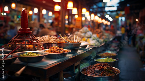 Outdoor asian food market, with meat, vegetables and fruit, generative ai photo