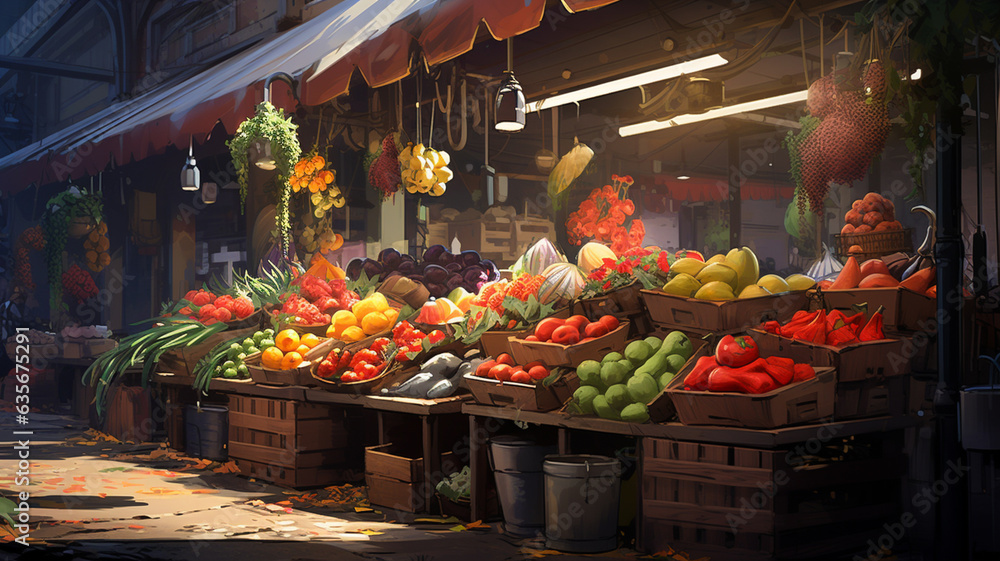 Delicious outdoor fresh fruit and vegetable food market, generative ai