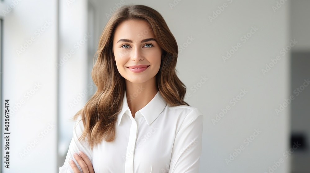 Confident Businesswoman Portrait: A young woman with long brown hair and a warm smile, exudes confidence and professionalism in a stylish white shirt. Her arms are crossed. Confident Businesswoman Portrait: A young woman with long brown hair and a warm smile, exudes confidence and professionalism in a stylish white shirt. Her arms are crossed.