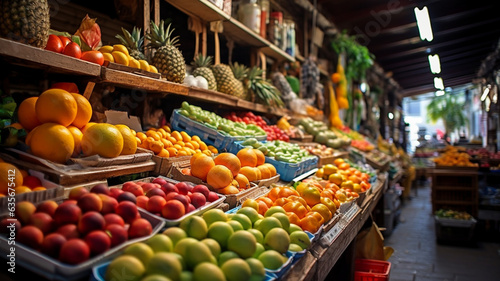 Delicious outdoor fresh fruit and vegetable food market, generative ai © Artofinnovation