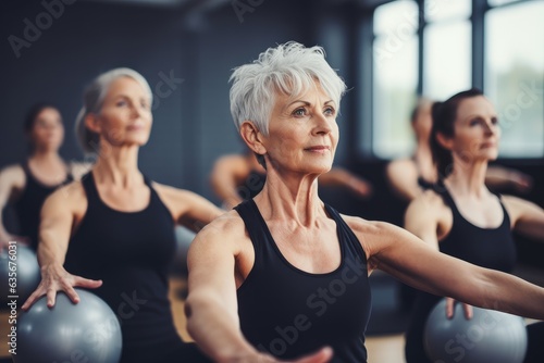 Obraz na plátně Elderly and middle-aged women doing physical exercises, yoga, pilates with a fitness ball in the gym