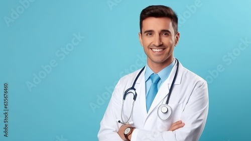 A cheerful doctor poses for a new copy space ad isolated on a bright blue background. generative ai