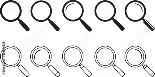 set of Magnifying glass icon in line style and flat. magnifier or loupe sign isolated on white background, Search symbol. Research, find icon. Lens, look magnifier, loupe sign.
