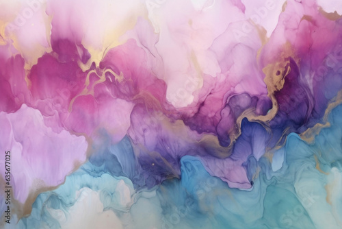 Liquid Ink Blue-Purple Texture. Abstract Design with Fluidity, Splash Pattern, Artistic Painting with Spots, Gold Accents for Unique Backgrounds. Generative AI.