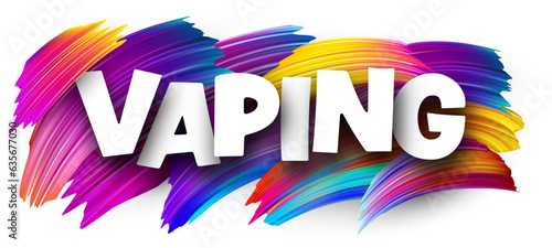 Vaping paper word sign with colorful spectrum paint brush strokes over white. Vector illustration.