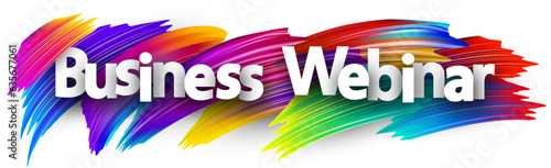 Business webinar paper word sign with colorful spectrum paint brush strokes over white. Vector illustration.