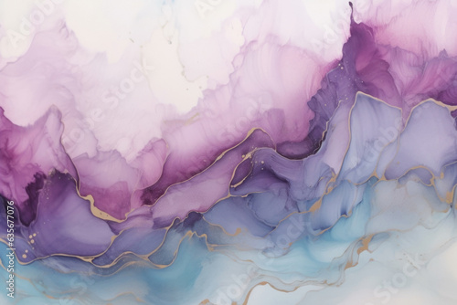 Liquid Ink Blue-Purple Texture. Abstract Design with Fluidity, Splash Pattern, Artistic Painting with Spots, Gold Accents for Unique Backgrounds. Generative AI.