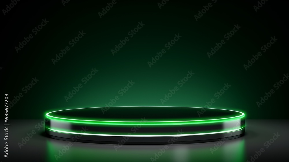 Green LED Abstract Minimalistic Product Podium. The Scene for Product Presentation. 3D Room with Geometric Platform Stage Pedestal. Ai Generated Podium Mockup for a Product advertisement. Green LED Abstract Minimalistic Product Podium. The Scene for Product Presentation. 3D Room with Geometric Platform Stage Pedestal. Ai Generated Podium Mockup for a Product advertisement.